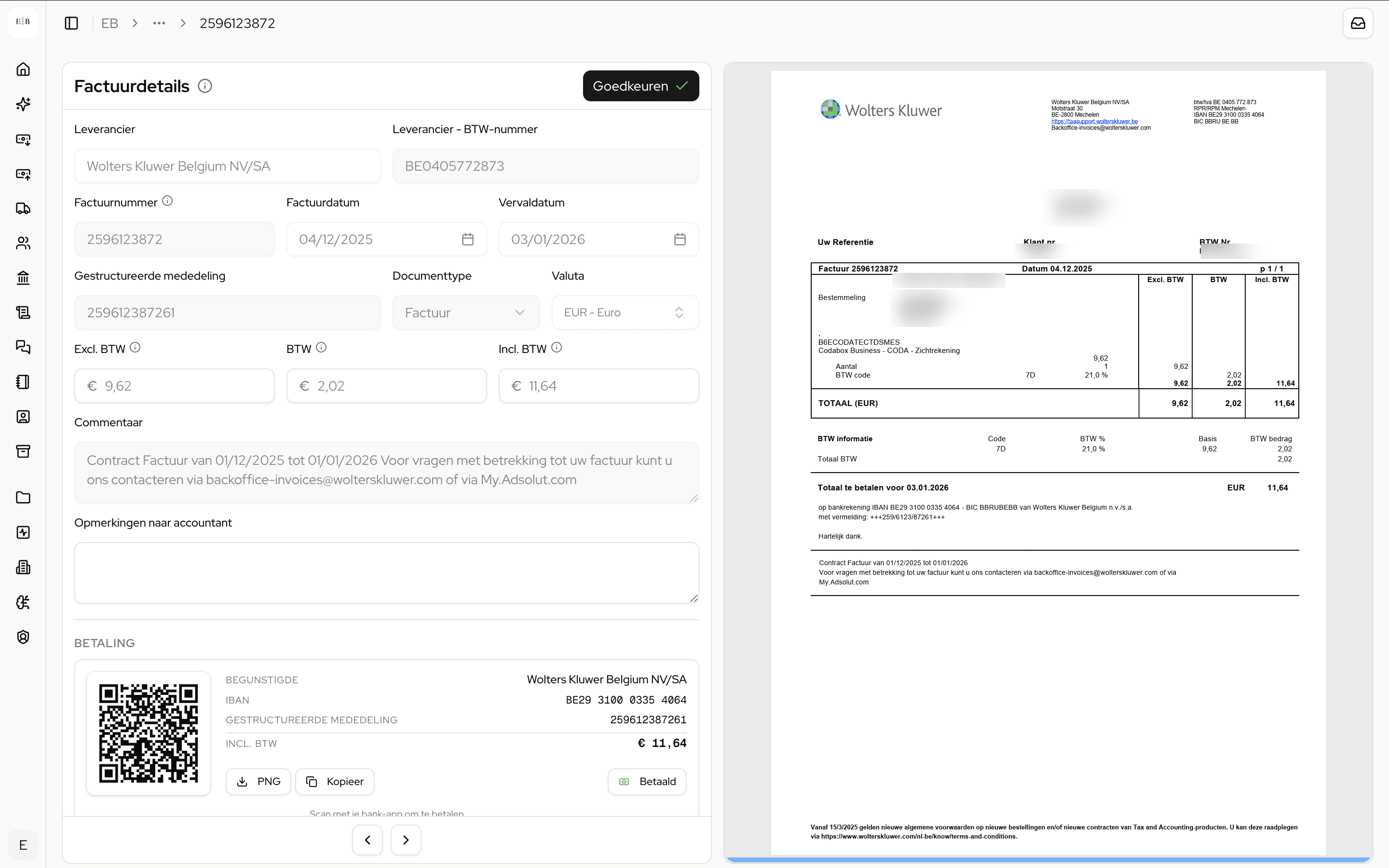 InTax factuurdetails met QR-code om de factuur te betalen